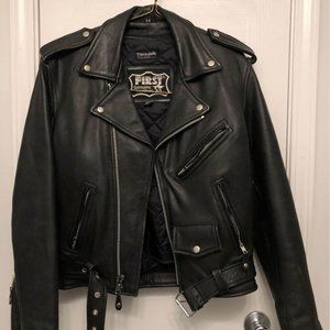 Black Motorcycle Jacket First Genuine Leather Thinsulate Size 36